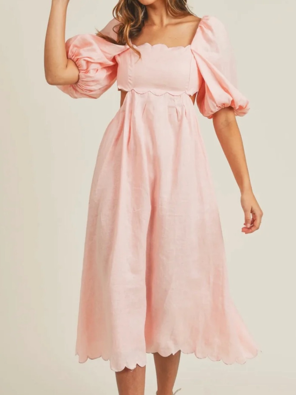 Puff-Sleeve Smocked Midi Dress in Blush Pink